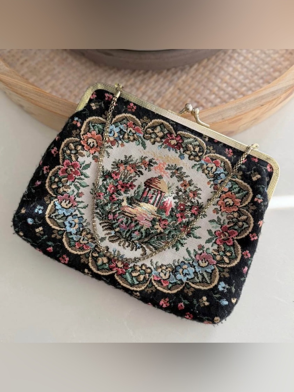 Vintage Floral Tapestry Kiss Lock Evening Bag | Cottagecore Chain Purse